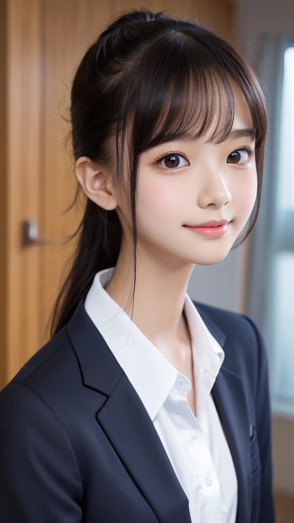(RAW, best quality, masterpiece:1.5), (photo realistic, intricate details:1.2), ultra highres, absurdres,
1girl, beautiful face, blue eyes, green eyes, detalied eyes, symmetric eyes, light on face, nose blush, short hair, hair bun, black hair tie, 
clk, vest, suit, pencil miniskirt, white shirt, silk scarf, black pantyhose, [:20d, :0.8],
smile, small dimples, sexually suggestive, 
medium breasts, slim waist, slim legs, long legs,
sitting on chair in front of desk, perfect body, good proportions,
looking at viewer, 
(office, indoor, hyper detailed background:1.2), japan, copy machine, file cabinet, computer, monitor,
shiny skin, real skin texture, 
natural lighting, best lighting, detailed background, detailed shadow, sharp focus, depth of field f/2,
saturated, high contrast, strong light and shadow