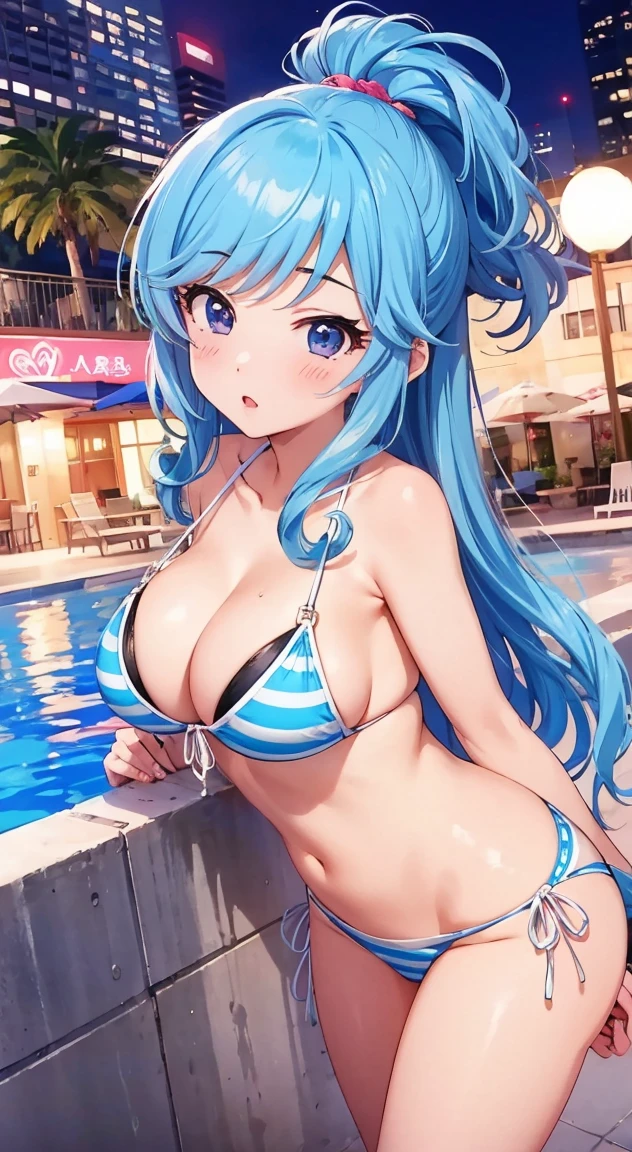 side tie bikinibottom,blush, full-face blush,masterpiece, highest quality, (anime screencap:1.3),(shape), cute,(simple:1), (anime:1.2),Solo Sharp Focus, 1 girl, large breast,cleavage,looking at the viewer, nighttime pools,Are standing,,(NSFW:1.2),bikini,pastel colour,beautiful hair,Horizontal stripes,heart shaped pupils,plaid pattern bikini, Tropicaljuice,glamorous,lovehotel,