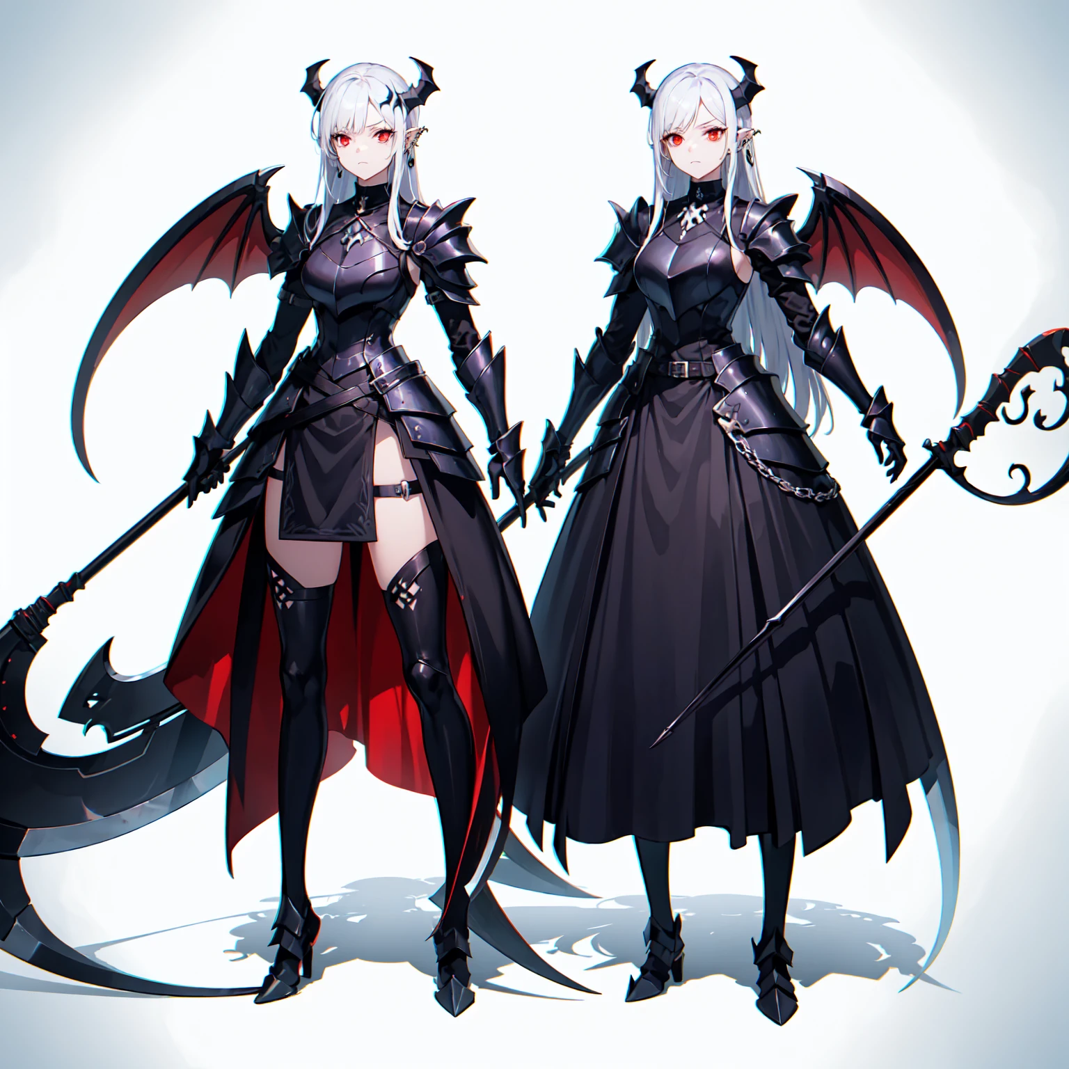 queen power armor , (gothic style), full body view , bellybutton, The most beautiful and sexy demon goddess, long white hair, glowing red eyes, wearing detailed black gothic battle armor, black angel wings, tattoos and piercings, gothic castle, perfect masterpiece, high quality, high resolution