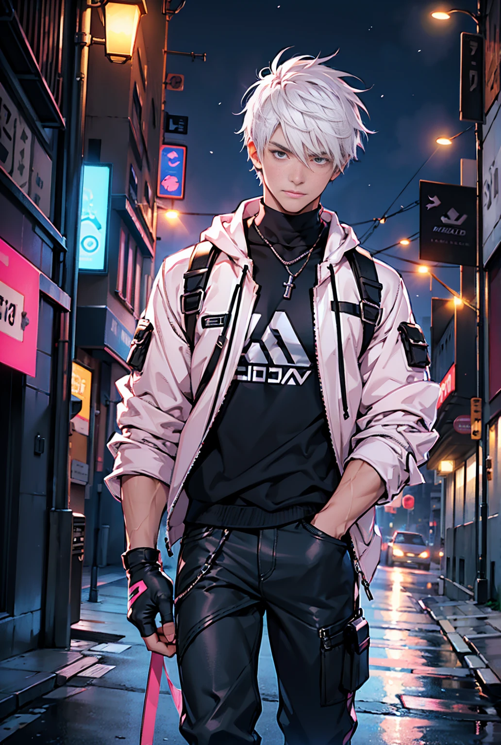 (high quality, 4k, attention to detail, detailed), young man in his 20s, white hair, pink iris, short hair, white techgear sweatshirt, fingerless gloves, dark pants, night, city, artificial lighting