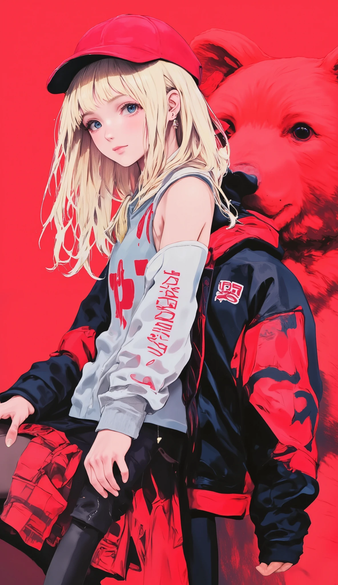  Anatómicamente correcto,    anime girl with a giant teddy bear behind in the background,    she is half profile    ,    red and black plaid miniskirt    ,    three-quarter fishnet stockings    , long black boots,    white sweatshirt with red letters    ,    BLOND hair fluttering in the wind   , red wool hat    ,    red and black jacket falling on her shoulders    ,    red background    ,    an anime drawing of Masamune Shirow    ,    Dynamic and sensual pose   , trend on pixiv, Furry art, Danganronpa digital art,    anime style  ,    anime style ”,  Blonde anime girl with long hair  ,   High Quality Anime Art Style   ,    ranked among the best in pixiv    ,   Beautiful high school anime girl , obra de arte de    anime style  ,    anime illustration trend   