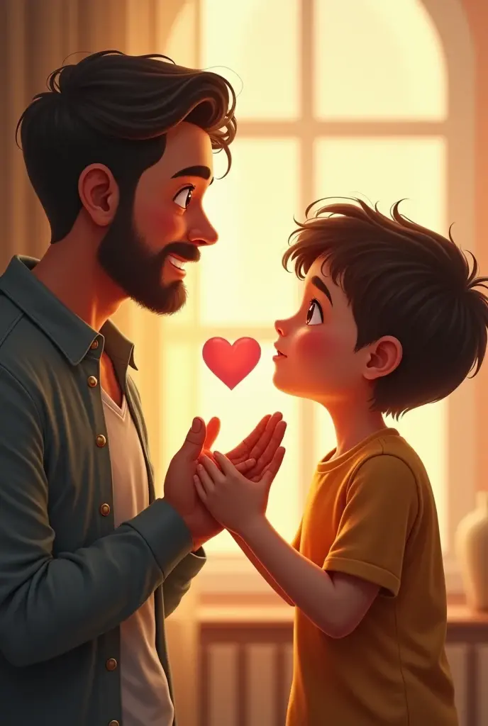 Create a drawing of a father saying he loves his son in sign language, pointing to his son&#39;s heart 