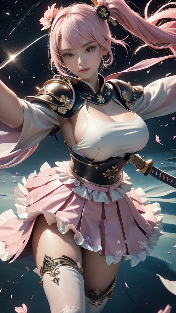  young woman, warrior,(wielding a katana_weapon:1.3), very detailedな, realisti,seductive smile, ((Selfie)),  Brilliant Appearance , Creative Action,  extremely detailed, Imaginative,  sensual, spontaneous ,  top quality ,  skin texture, ((absurdly long hair,twintails)),((Pastel pink:1.6)), (led eyes), toned body ,(huge breasts:1.6), plump thighs, ( white pink armor with a cosmos flower pattern engraved ),(( leather samurai armor knight)), bikini type design that emphasizes chest exposure ,(sideboob),  Wear a white pink cape with a cosmos flower pattern , ((ruffled skirt:1.3)), White shin guard with a cosmos flower pattern engraved on it , Black high-leg underwear ,  Black Tights ,  absolute domain,  Intricate Details  , (( blue sky)),((Meteor shower:1.3)),(()), ((Cosmos flower petals background:1.3)), ((Cosmos flower petals:1.3)), ((Cosmos flower petals dancing in the wind:1.3)),( Cosmos flowers in full bloom ),(前面に Cosmos flowers in full bloom ), (confetti),  RAW photos , 8k, masterpiece,  top quality , ultra detail, very detailed,  Intricate Details  , high res,超 Intricate Details , very detailed 8k cg wallpaper,