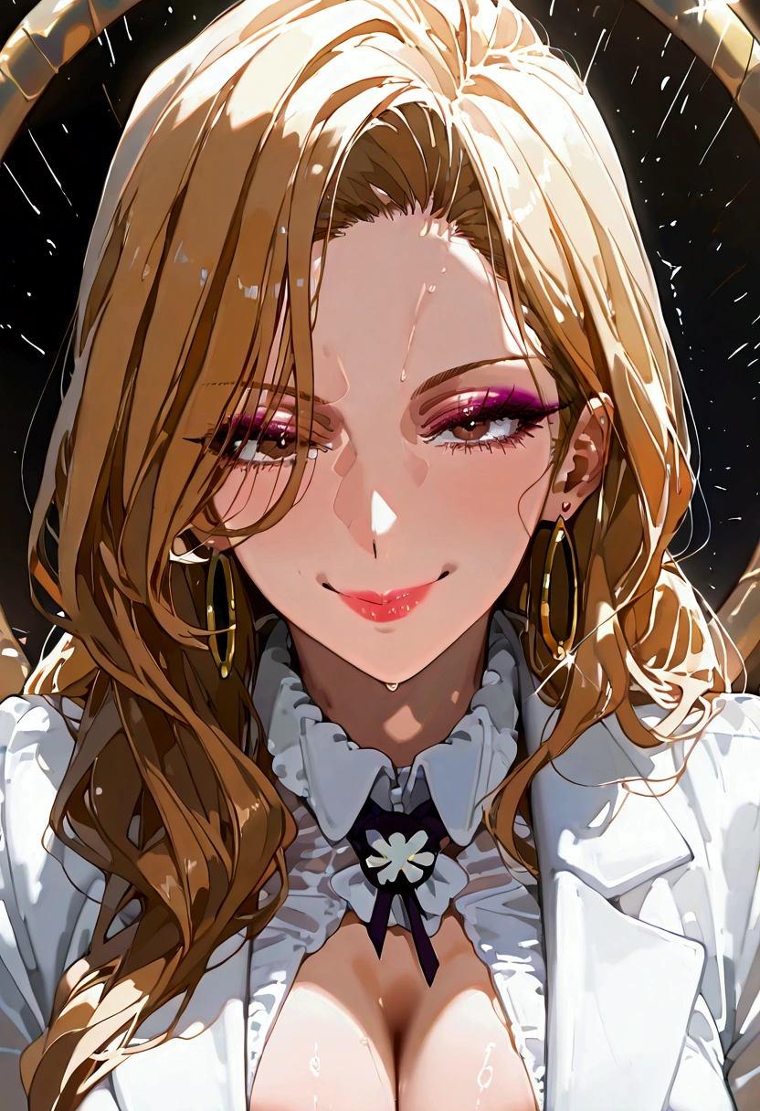 mamimi style, Penis shadow on face, Madame President,  Madame P, blonde hair, long hair, wavy hair, brown eyes, lipstick, makeup, large breast
High Closeup , 시청자를 바라보고 있는,  Delicate and delicate face , naughty smile ,  huge  , Crop top,  studio lighting , oversized gold hoop earrings, orgasm, twitch lines, 