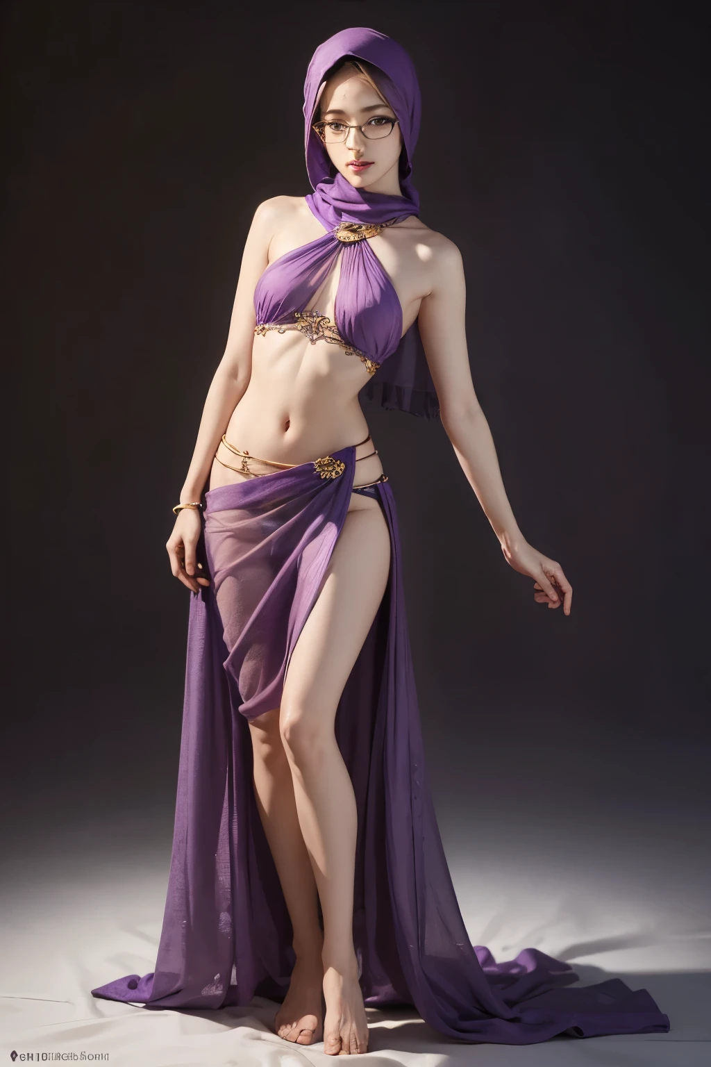 Beauty girl, realistic, detailed, standing pose, glasses, purple hijab, small breast, covered breast with fabric, skinny body, full body, naked, midriff, transparan sarong, no lighting, blank background