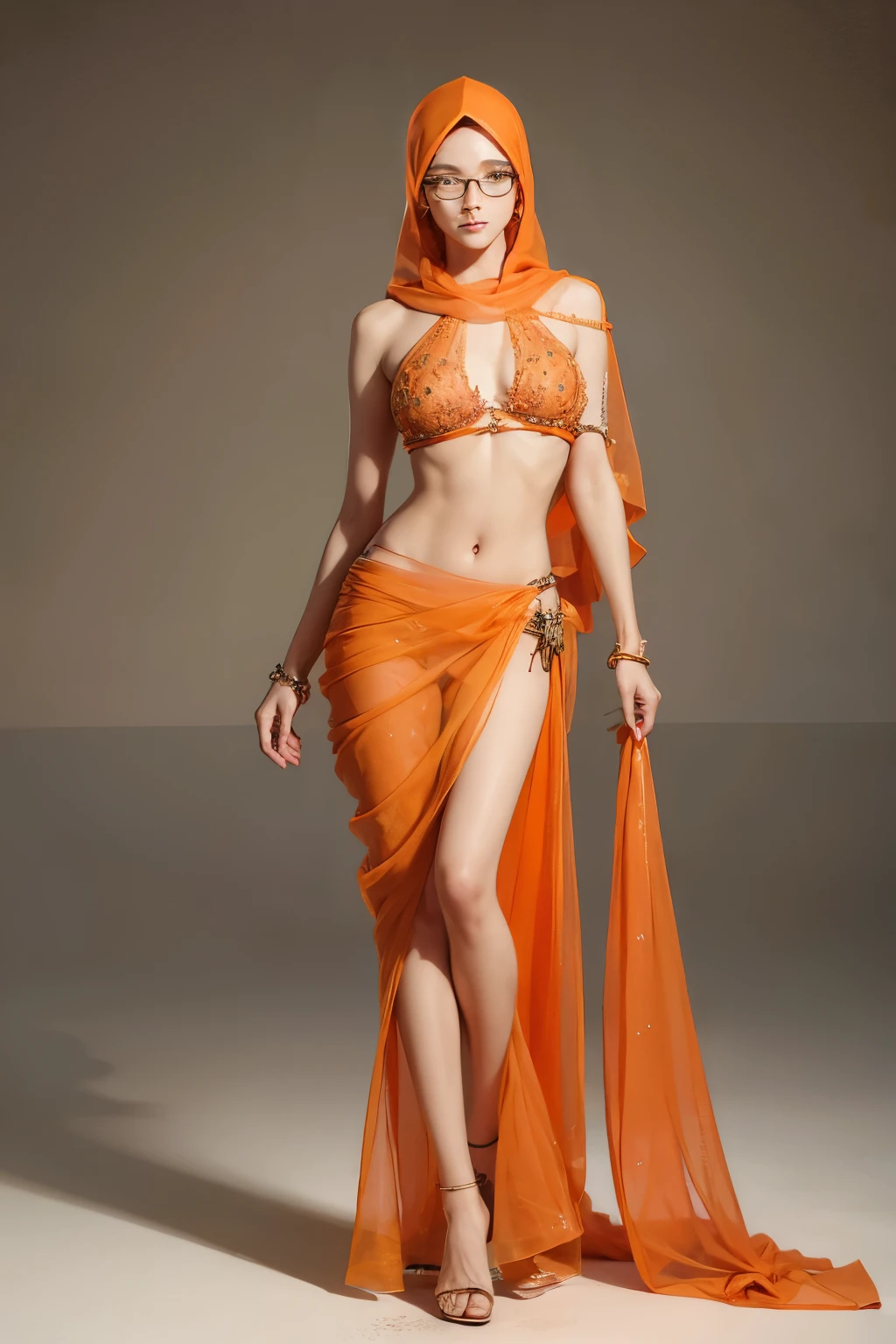 Beauty girl, realistic, detailed, standing pose, glasses, orange hijab, small breast, covered breast with fabric, skinny body, full body, naked, midriff, transparan sarong, no lighting, blank background