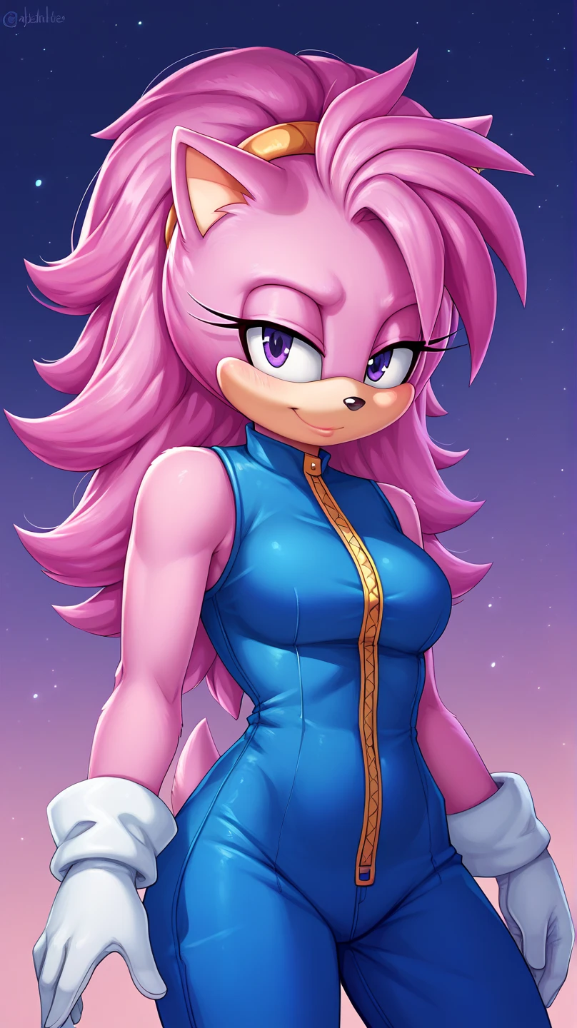  Julie-su The Echinda form sonic the hedgehog (series), (pink body/fur), (pink hair), (backround: forest), (detailed backround), (masterpiece), (high details), (facing the viewer:1.3), (looking at the viewer:1.3), (purple eyes),purple IncursioDipDyedHair,   blue jumpsuit, white gloves, sleeveless 