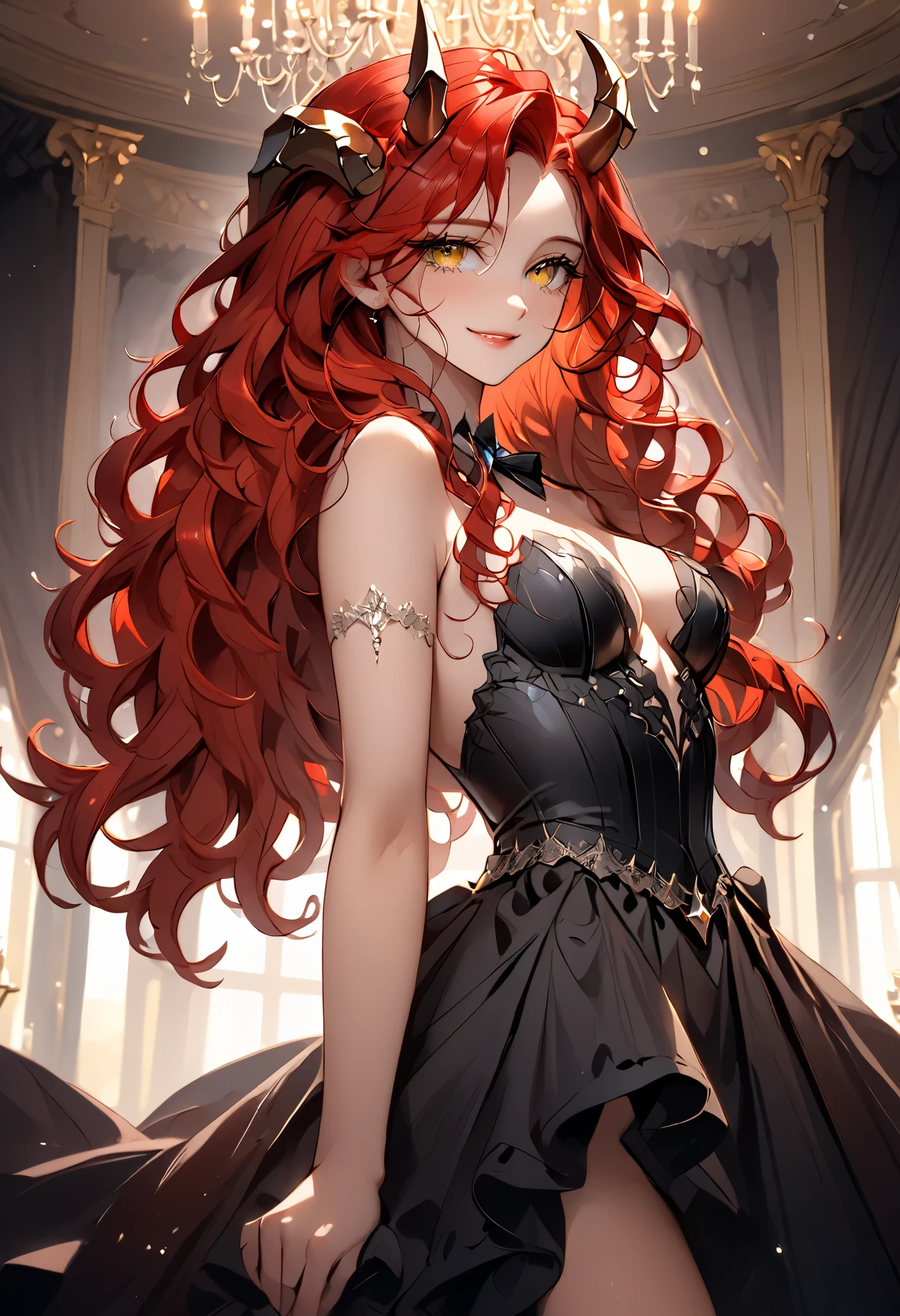 solo, centaur girl, female, cowboy shot, classy dress, cocktail dress, revealing clothes, long curly hair, red hair, yellow eyes, large horns, centaur, seductive, half-close eyes, smile, luxury, ballroom, victorian:0.3, centaur