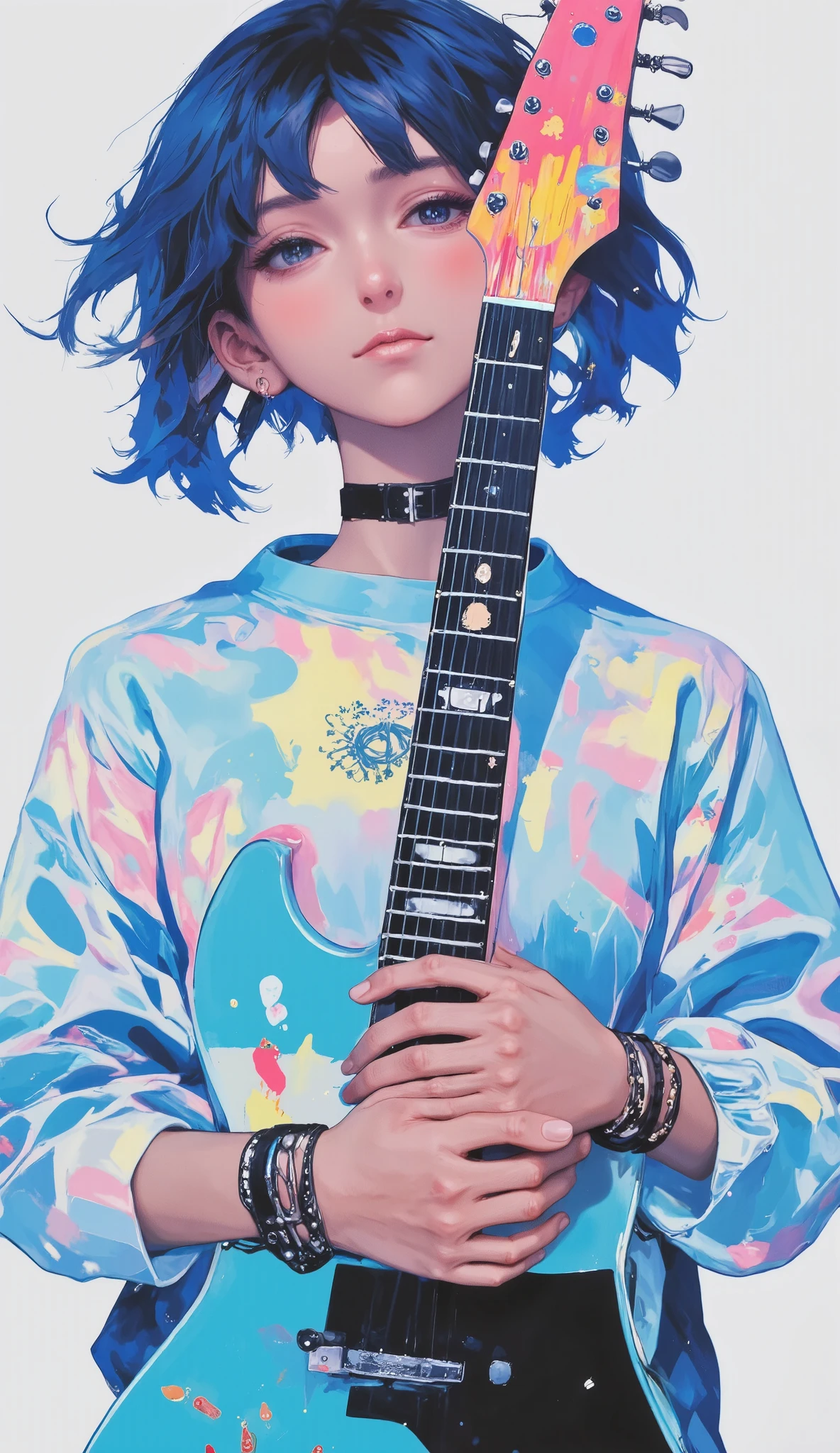  a close up of a person holding a guitar in his hands, with the index finger, bassist, anime vibes,  sleeveless sweatshirt clothing ,  colored drawing on his sweatshirt ,  the guitar has a strap that goes over his shoulder , camera from below,  blue hair in the wind , hat with visor ,  spiked bracelets and chains ,  cyan guitar ,  white background,  sunshine on his left side , Pincho collar, winking, sticking out his tongue, As a mockery gesture , Tsutomu Nihei Style, guweiz, Tsutomu Nihei Art,  work of art in the style of Guweiz, dream rocker girl, Clean and detailed anime style, 2d anime style,  Mix of styles from Tsutomu Nihei , anime aesthetics, chiaroscuro, Cinematic Lighting, Fujicolor, UHD, Retina, masterpiece, Accurate, anatomically correct, textured skin, Super detail, high details, high quality,  award winning , best quality, highres, 1080P, HD, 16K