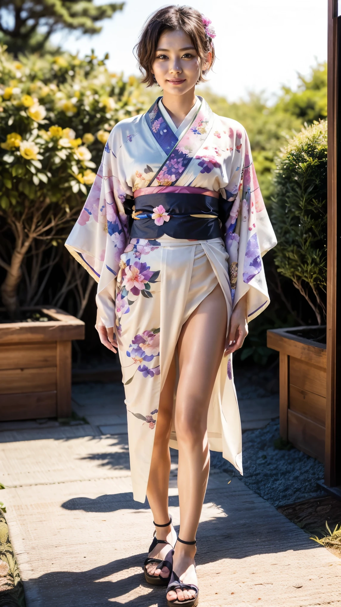( standing woman wearing rubber gloves :1.3、 Japanese Garden:1.2)、(Outdoor:1.8)、( Japanese New Year :1.3)、(Kadomatsu )、( realistic、 as pictured 、live-action、8k, realistic, RAW photos, highest image quality taken by Ki : 1.4), Single Lens Reflex Camera、 RAW photos, top quality , realistic, very detailedな CG Unity 8k 壁紙, written border depth, Cinematic Light, lens flare, ray tracing , realistic background、((Wear a floral kimono:1.5))、(( super dense skin ))、、((whole body:1.5))、smile、( short hair with shadows、 shortcuts:1.3)、 I like that style 、 stylish、 very detailed、 pay attention to the details、Perfect outfit、(white skin )、 anatomically accurate body 、Accurate Fingers
