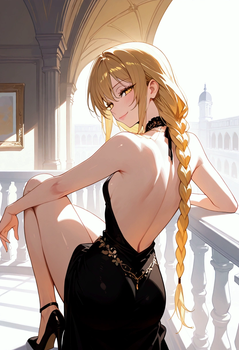 score_9, score_8_up, score_7_up, Marika, 1girl, gold eyes, gold hair, single braid hair, large breasts, half naked, adult, 23 years old, wearing a backless dress, looking at viewer, dynamic pose, seductive pose, seductive smile, flirty smile, detailed face features, beautiful eyes, extremely detailed face, long eyelashes, sexy,looking at viewer, Backless dress, outdoors, high heels, facing viewer, close up, full close up, ballroom, small breasts, arms on balcony