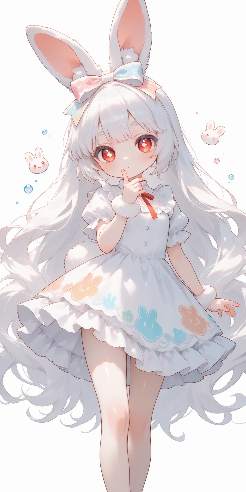 (solo:1.2),1girl\(chibi,cute,kawaii,(white hair:1.4),(very long hair:1.6),bangs,(ear\(fluffy,white,rabbit-ear\):1.4),red eye,big eye,beautiful shiny eye,detailed pupils,(skin color white), printed big (black) hairbow,(cute, delicate, white, frilled, silky, shiny, dress:1.3),breast,cute pose,cute hand sign,korean idol pose,(cute symbol mark in eye),wrist fur,shiny skin,shiny hair\),colorful roses bloom,beautiful water splash,fairy tale atmosphere,great location,close-up girl,3d,(((dynamic pose))),masterpiece,best quality,newest,dynamic angle