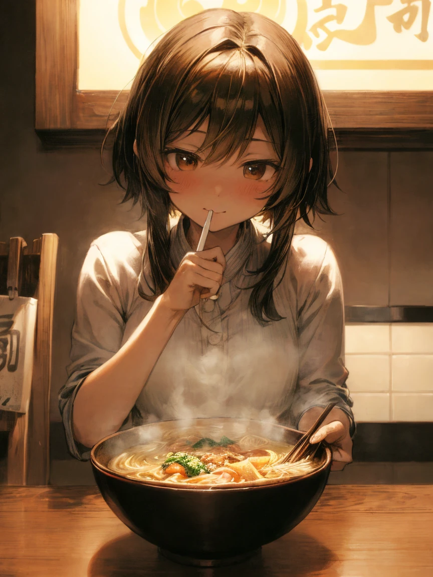 (masterpiece, highest quality:1.2)、(1 girl),  sitting at a table, her eyes wide with joy and her mouth slightly open in excitement as she looks at the steaming bowl of ramen. Her hands might be clasped together in anticipation or holding chopsticks, ready to dig in. The ramen bowl is filled with rich broth, noodles, and toppings, and the steam rising from it adds to the warm atmosphere. The background shows a cozy ramen shop, with soft lighting creating a comforting and inviting scene as Fua-chan eagerly prepares to enjoy her meal.