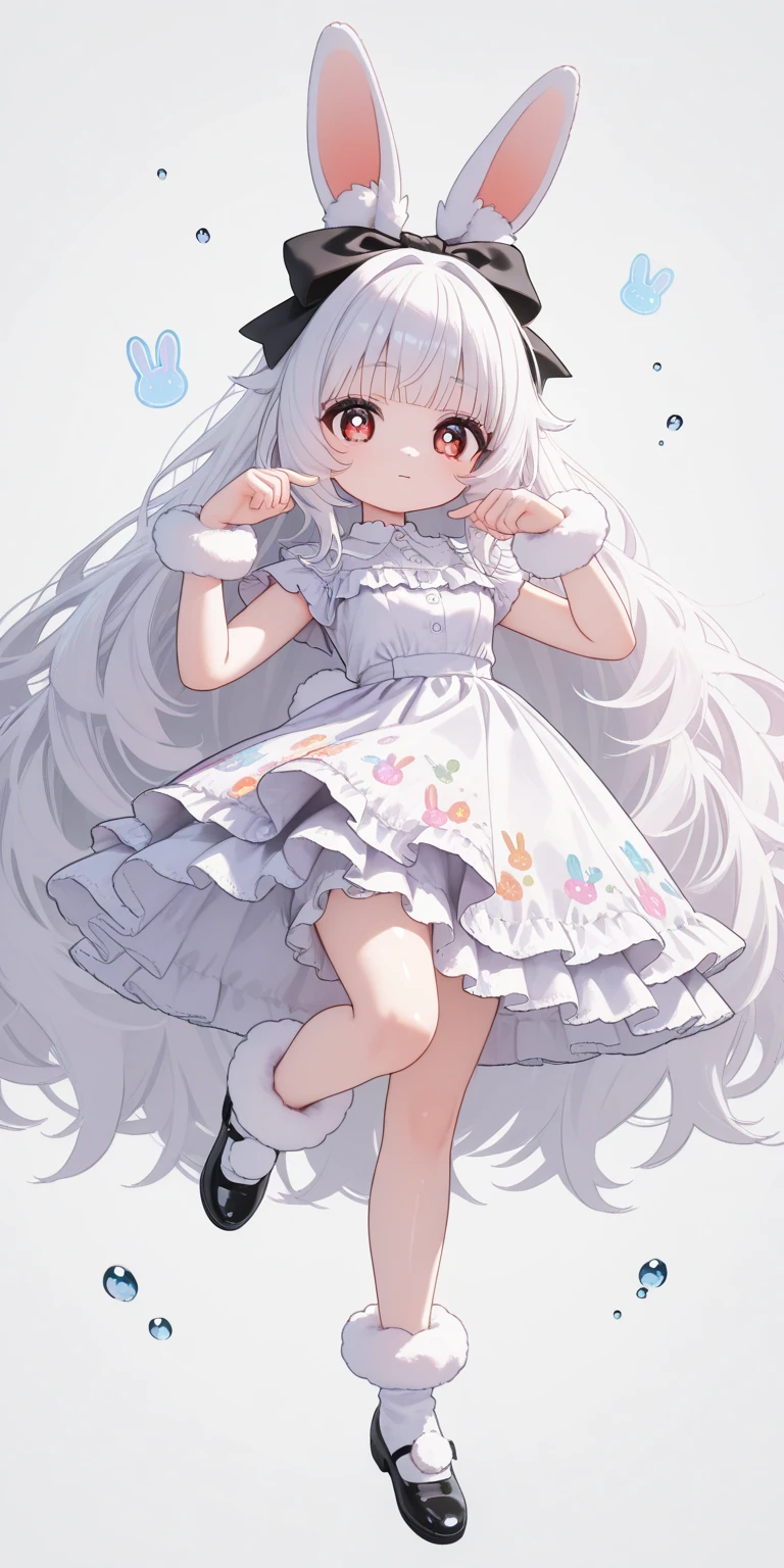 (solo:1.2),1girl\(chibi,cute,kawaii,(white hair:1.4),(very long hair:1.6),bangs,(ear\(fluffy,white,rabbit-ear\):1.4),red eye,big eye,beautiful shiny eye,detailed pupils,skin color white,big black hairbow\(with print\),(cute white frilled silky dress:1.3),breast,cute pose,cute hand sign,korean idol pose,(cute symbol mark in eye),wrist fur,rabbit-tail,shiny skin,shiny hair,full body,1r1d3sc3nc3, slightly (smile:0.5)\),colorful roses bloom, beautiful water drops,beautiful day,fairy tale atmosphere,close-up girl,3d,(((dynamic pose))),masterpiece,best quality,newest,dynamic angle