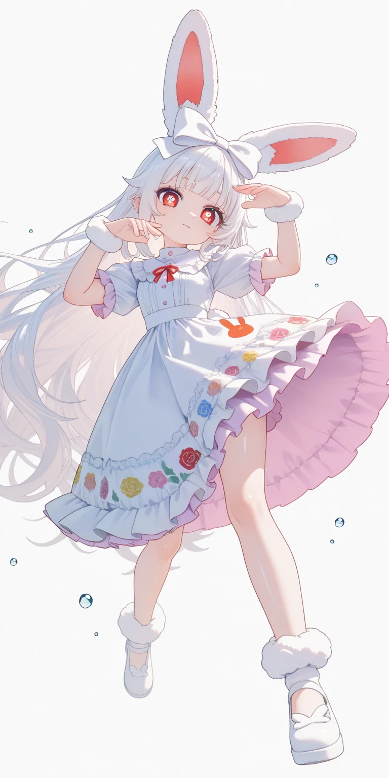 (solo:1.2),1girl\(chibi,cute,kawaii,(white hair:1.4),(very long hair:1.6),bangs,(ear\(fluffy,white,rabbit-ear\):1.4),red eye,big eye,beautiful shiny eye,detailed pupils,skin color white,big black hairbow\(with print\),(cute white frilled silky dress:1.3),breast,cute pose,cute hand sign,korean idol pose,(cute symbol mark in eye),wrist fur,rabbit-tail,shiny skin,shiny hair,full body,1r1d3sc3nc3, slightly (smile:0.5)\),colorful roses bloom, beautiful water drops,beautiful day,fairy tale atmosphere,close-up girl,3d,(((dynamic pose))),masterpiece,best quality,newest,dynamic angle