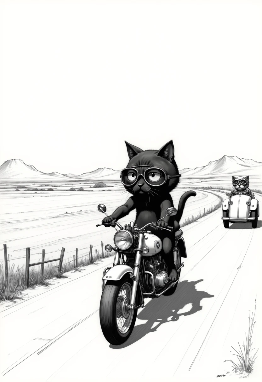 monochrome, long shot,  bipedal black cat in the sidecar is riding a BMW R75 with Sidecar、Dog 、goggles、landscape、chibi anime, 2D Anime, anime, 