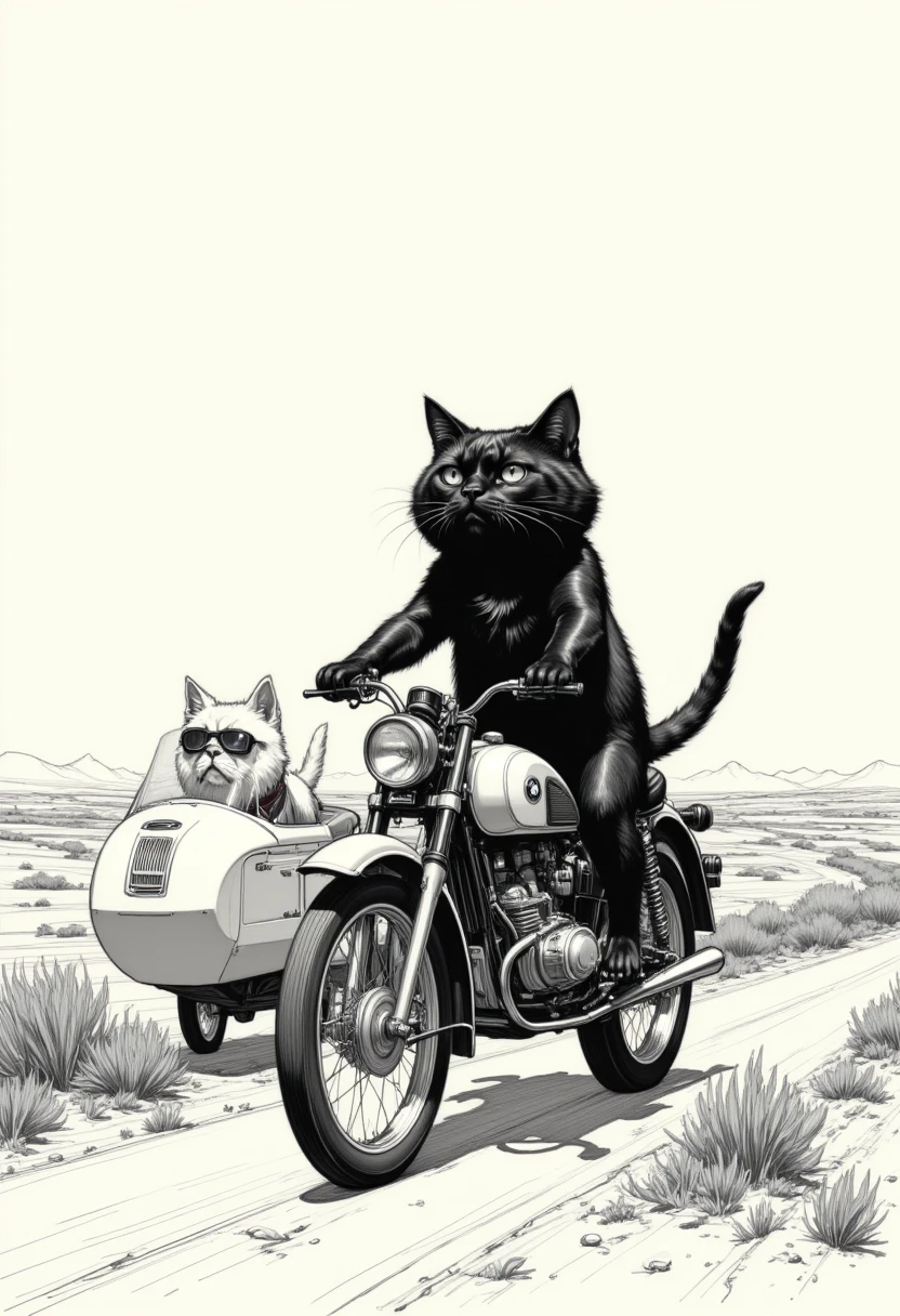 monochrome, long shot,  bipedal black cat in the sidecar is riding a BMW R75 with Sidecar、Dog 、goggles、landscape、chibi anime, 2D Anime, anime, 