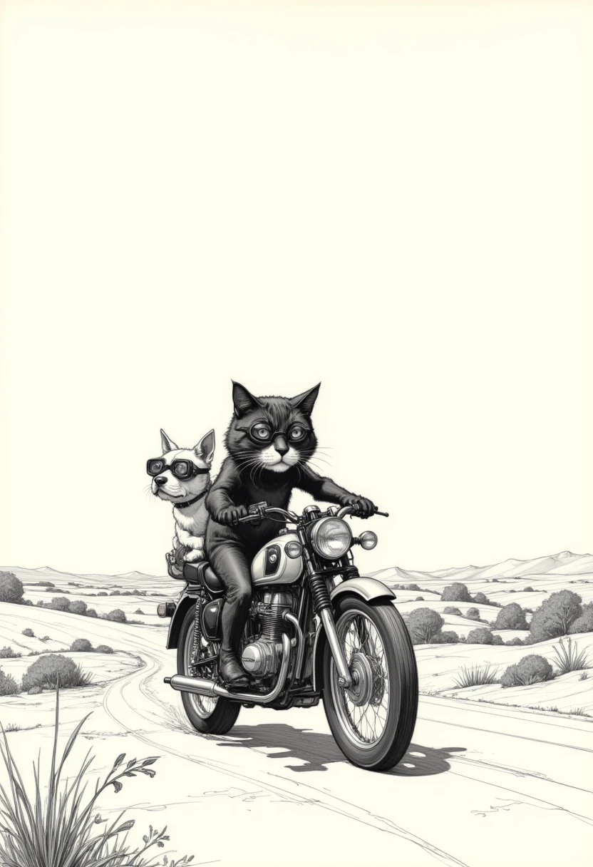 monochrome, long shot,  bipedal black cat in the sidecar is riding a BMW R75 with Sidecar、Dog 、goggles、landscape、chibi anime, 2D Anime, anime, 