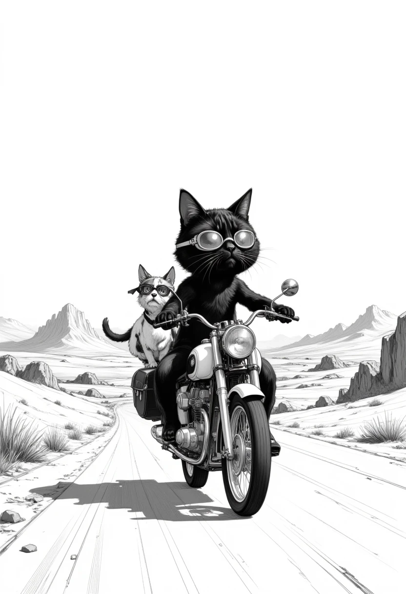 monochrome, long shot,  bipedal black cat in the sidecar is riding a BMW R75 with Sidecar、Dog 、goggles、landscape、chibi anime, 2D Anime, anime, 