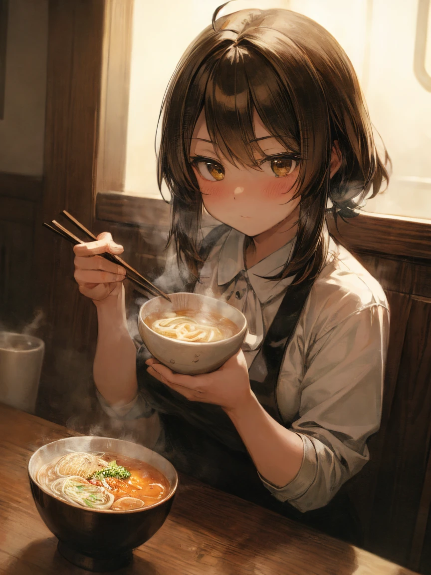 (masterpiece, highest quality:1.2)、(1 girl),  sitting at a table, her eyes wide with joy and her mouth slightly open in excitement as she looks at the steaming bowl of ramen. Her hands might be clasped together in anticipation or holding chopsticks, ready to dig in. The ramen bowl is filled with rich broth, noodles, and toppings, and the steam rising from it adds to the warm atmosphere. The background shows a cozy ramen shop, with soft lighting creating a comforting and inviting scene as Fua-chan eagerly prepares to enjoy her meal.