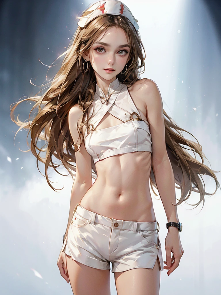 (masterpiece), best quality, expressive eyes, perfect face, nightclub background), (standing), (smirk), (closeup view), (1girl, blaire ivory,  shoulder length brown hair ,slender figure, thin body, skinny body, petite_body, medium breasts, slim thighs, long fingernails, ,white shorts, crop top, thong straps, hoop earrings, miscellaneous jewelry, slutty)), slim hips, (((nurse)))