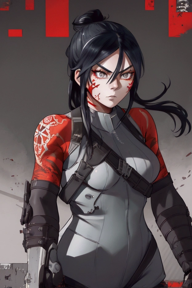 Pitohui_Elza, facing forward, red tattoo of a cross on face, assault rifle, standing with rifle, (admirable, captivating, captivating, inspiring, gorgeous, impressive: 1.3), (highly detailed, high quality: 1.3)