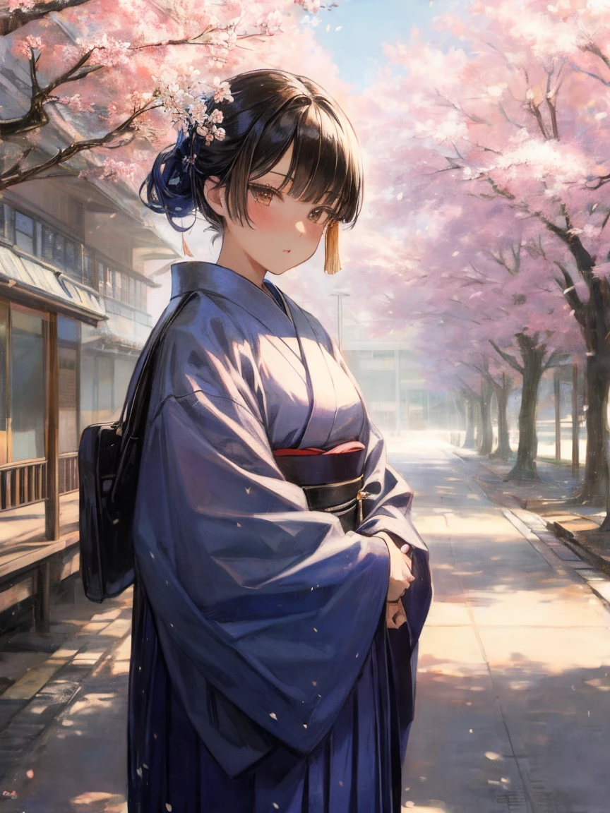 (masterpiece, highest quality:1.2)、(1 girl), ,black hair,blunt bangs,chignon,dark blue stardust pattern kimono,beige hakama,Are standing,looking at viewer,Cherry tree,Cherry blossom snowstorm in the scenery,,modern japan,graduation ceremony,University,blue sky,Rim Light,(School building in the distance)