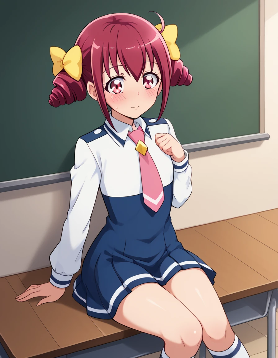 score_9,  source_Anime, rating_SAFETY BREAK 1GIRL , solo
hoshizora miyuki ,  pink hair,  twin drill, pink eye,  Izugaoka Junior High School Uniforms ,  Pink Necktie 、(classroom)、blush、 cowboy shot、 sit on the floor、 M lettering