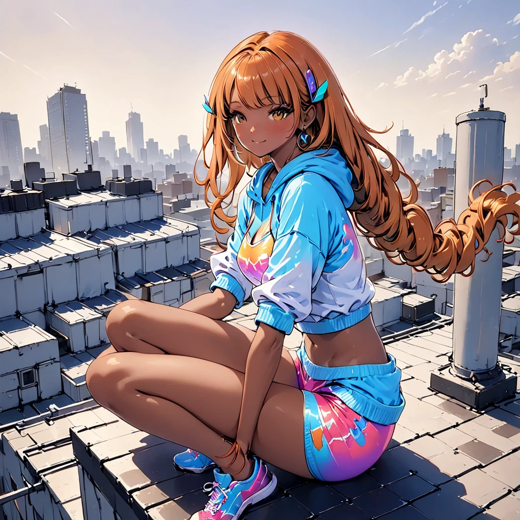 Neon orange hair, yellow eyes, tanned skin, Harajuku hoodie, sitting on rooftop, High Resolution, Masterpiece, Anatomically Correct, (medium tone skin), 1girl,  Long Hair, caramel toned skin, Parted Bangs, Curly Hair, Earrings, Neon orange curly hair, Closed Mouth, Smile, Blue eyes, Yellow Eyes, tanned skin, Out Of Frame, tanned skin, neon filter, (caramel toned skin:1.5), Parted Bangs, Neon orange hair, tanned skin, medium tone skin, colorful sports bra, colorful leggings, 1girl