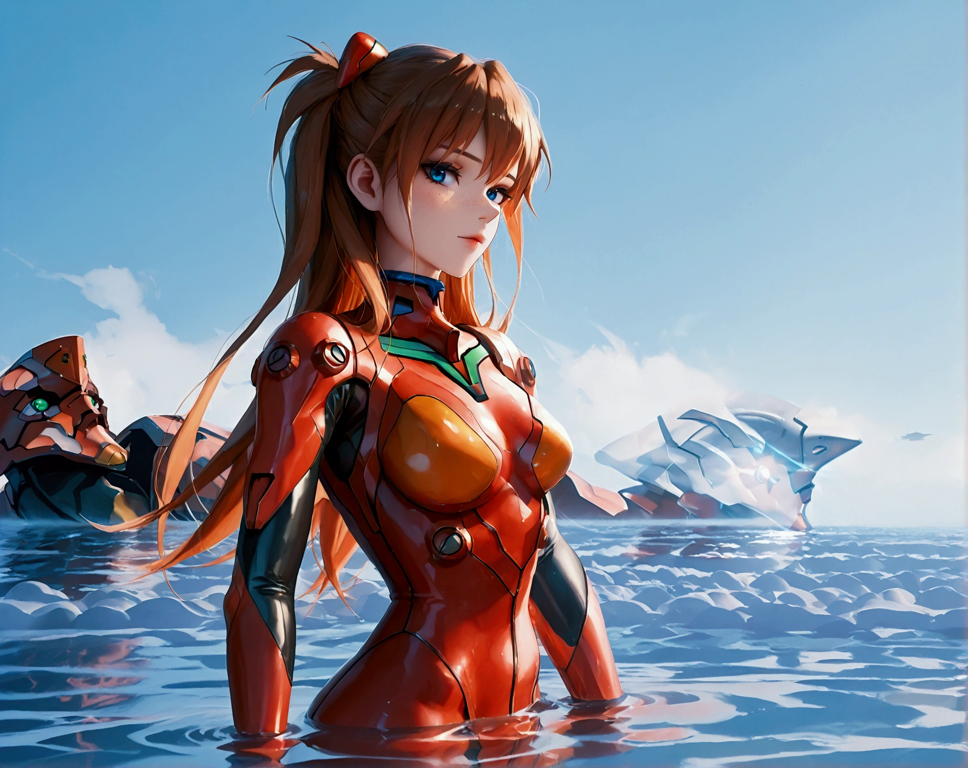 ( very detailed CG unity 8k wallpaper,masterpiece, fpo_up standing  best quality, ultra-detailed),3d,a beautiful female model, transparent red bodysuit, slowly fading away, detailed face, beautiful eyes, full lips, long lashes, flowing hair, elegant pose, Under an blue sky , by the sea,  Orange Hair , dramatic lighting, ethereal, Surreal, dreamlike, mist, Fog, shimmer, glowing, 8k, high-quality, cinematic, masterpiece,1girl, full body, side view, looking at viewer, ass,heavy bodyarmor,shirogane, souryuu asuka langley, brown hair, two side up, bangs, freckles, long hair, blue eyes, red sea, Eva-02 in the background, red water, partially submerged,knees in water, waterline
