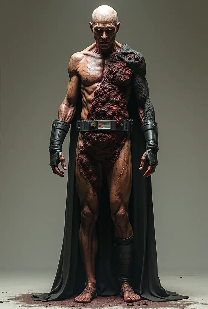 Villain with body covered in fungus and decomposing appearance, like putrefaction and dead flesh. Evil and soulless look, wearing an overcoat and wearing a broken crown