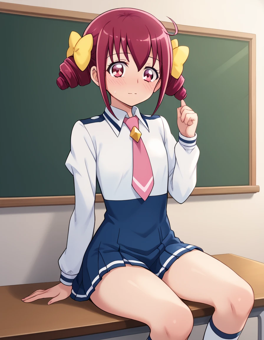 score_9,  source_Anime, rating_SAFETY BREAK 1GIRL , solo
hoshizora miyuki ,  pink hair,  twin drill, pink eye,  Izugaoka Junior High School Uniforms ,  Pink Necktie 、(classroom)、blush、 cowboy shot、 sit on the floor、 M lettering、 open legs