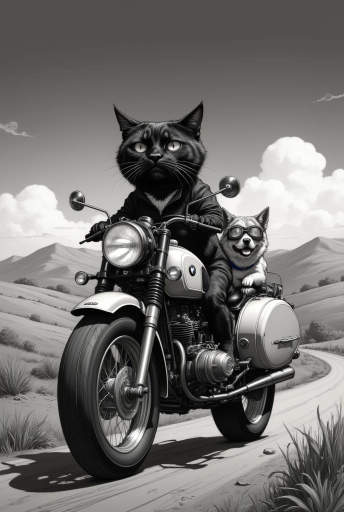 monochrome, long shot,  bipedal black cat in the sidecar is riding a BMW R75 with Sidecar、Dog 、goggles、landscape、chibi anime, 