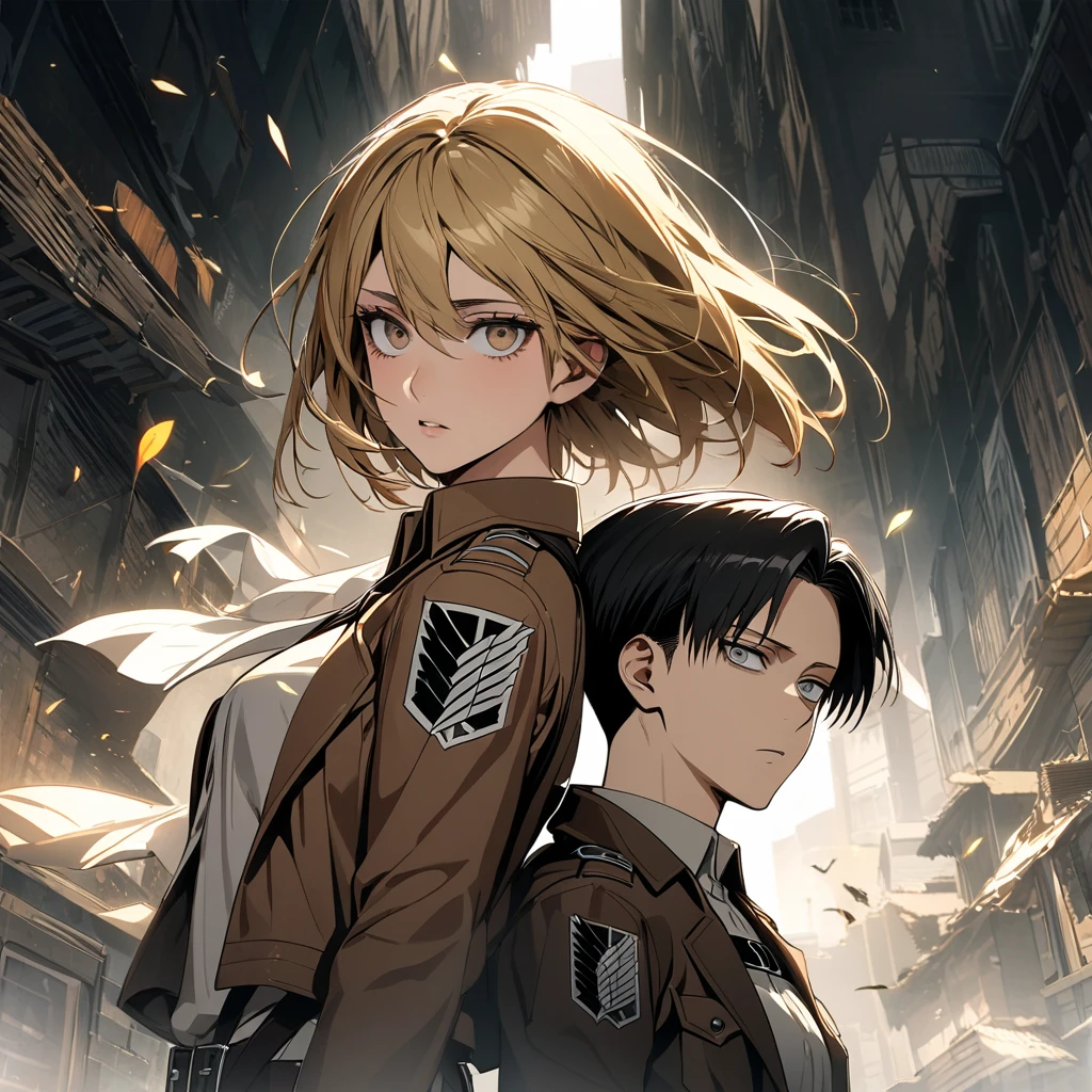  super detailed ,  high definition , absurdres , HDR, Levi Ackerman,  black hair,  grey eyes , Shingeki no Kyojin ,  extremely beautiful,  1 man with 1 woman ,  has yellow hair and brown eyes ,  woman is part of the ,brown-eyed woman ,  the woman has two short hair ponytails and bangs between her eyes,  full-length portraits ,  Dark atmosphere ,  only two people  