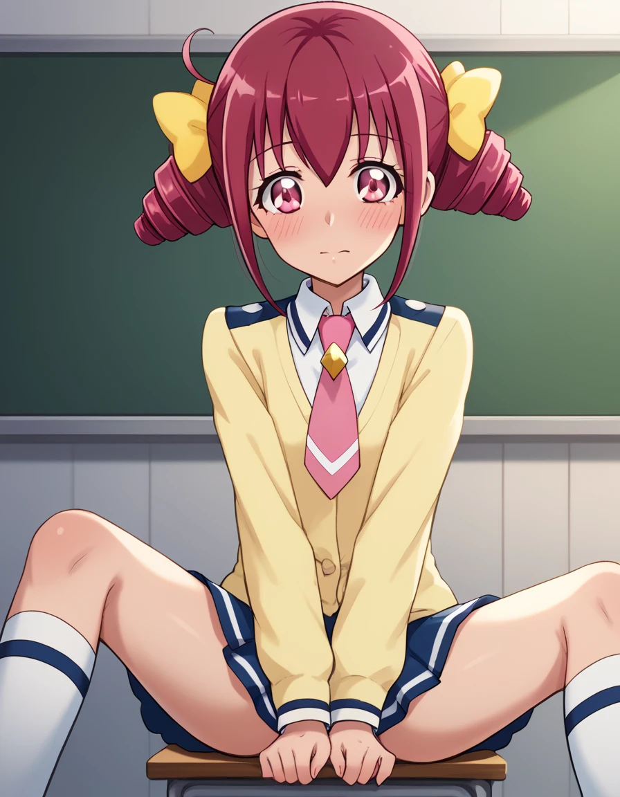 score_9,  source_Anime, rating_SAFETY BREAK 1GIRL , solo
hoshizora miyuki ,  pink hair,  twin drill, pink eye,  Izugaoka Junior High School Uniforms ,  Pink Necktie 、(classroom)、blush、 cowboy shot、 sit on the floor、 triangular seat、 open legs