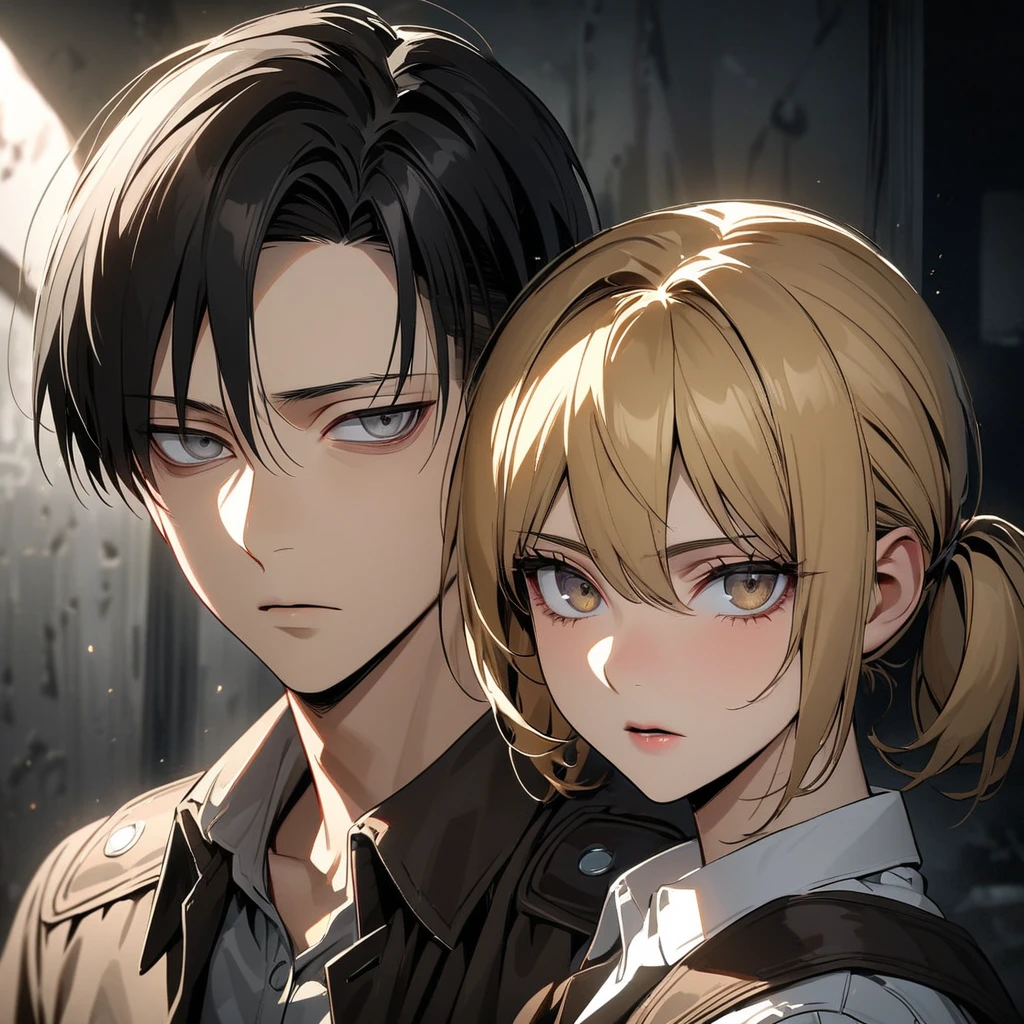  super detailed ,  high definition , absurdres , HDR, Levi Ackerman,  black hair,  grey eyes , Shingeki no Kyojin ,  extremely beautiful,  1 man with 1 woman , blonde woman has yellow hair and dark brown eyes ,  woman is part of the ,brown-eyed woman ,  the woman has two short hair ponytails and bangs between her eyes,  full-length portraits ,  Dark atmosphere ,  only two people  