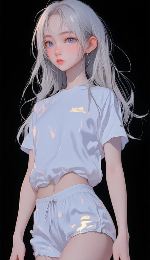 
> A full-body portrait of a young Korean woman with an otherworldly appearance, standing against a solid black background. Her long, cascading white hair flows gracefully down to her feet, shimmering with a subtle iridescent glow, as if illuminated by an unseen light source. The hair appears weightless, gently swaying as though caught in a soft, invisible breeze. Her facial features are delicate and refined, with a pale, flawless complexion that contrasts strikingly with her glowing lilac eyes, which radiate a soft, incandescent light, drawing the viewer into their mysterious depths.  

> She has a slender and athletic build, with medium-sized, slightly pointed breasts that add a natural curve to her figure. Her long, toned legs are graceful and slim, giving her a statuesque appearance. She is dressed in a slightly provocative yet sporty school gym uniform: a snug white t-shirt with short sleeves that clings lightly to her torso, damp with sweat, revealing hints of exertion. The matching shorts are short and form-fitting, emphasizing her curves and athletic form. Her white sneakers are sleek and sporty, paired with white ankle socks, completing the gym attire.  

> Her skin glistens with a light sheen of sweat, particularly noticeable on her forehead, neck, and arms, capturing the realism of physical effort. Her expression reflects exhaustion, with slightly flushed cheeks and strands of hair sticking to her skin due to sweat. Subtle details such as beads of sweat rolling down her temples and her slightly open mouth as she catches her breath enhance the sense of realism.  

> The background is pure black.

Estilo anime 32k, HDR,  UHD. 