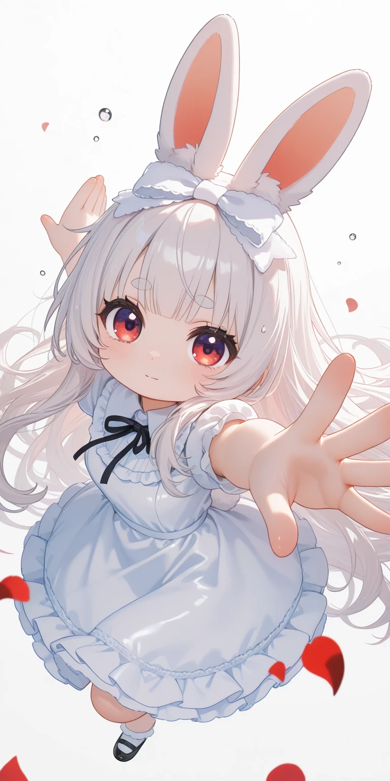 solo,1girl\((chibi:1.5),cute,kawaii,(white hair:1.4),(very long hair:1.6),bangs,(ear\(fluffy,white,rabbit-ear\):1.4),red eye,big eye,beautiful shiny eye,skin color white,printed big black hairbow,(white frilled shiny silky dress:1.3),breast,cute pose,cute hand sign,dancing, performancing,looking away\),background\(some rose petals, cute water drops,(beautiful sunny day)\),,close-up girl,dynamic angle,3d,(((dynamic pose))),from above,masterpiece,best quality,newest,