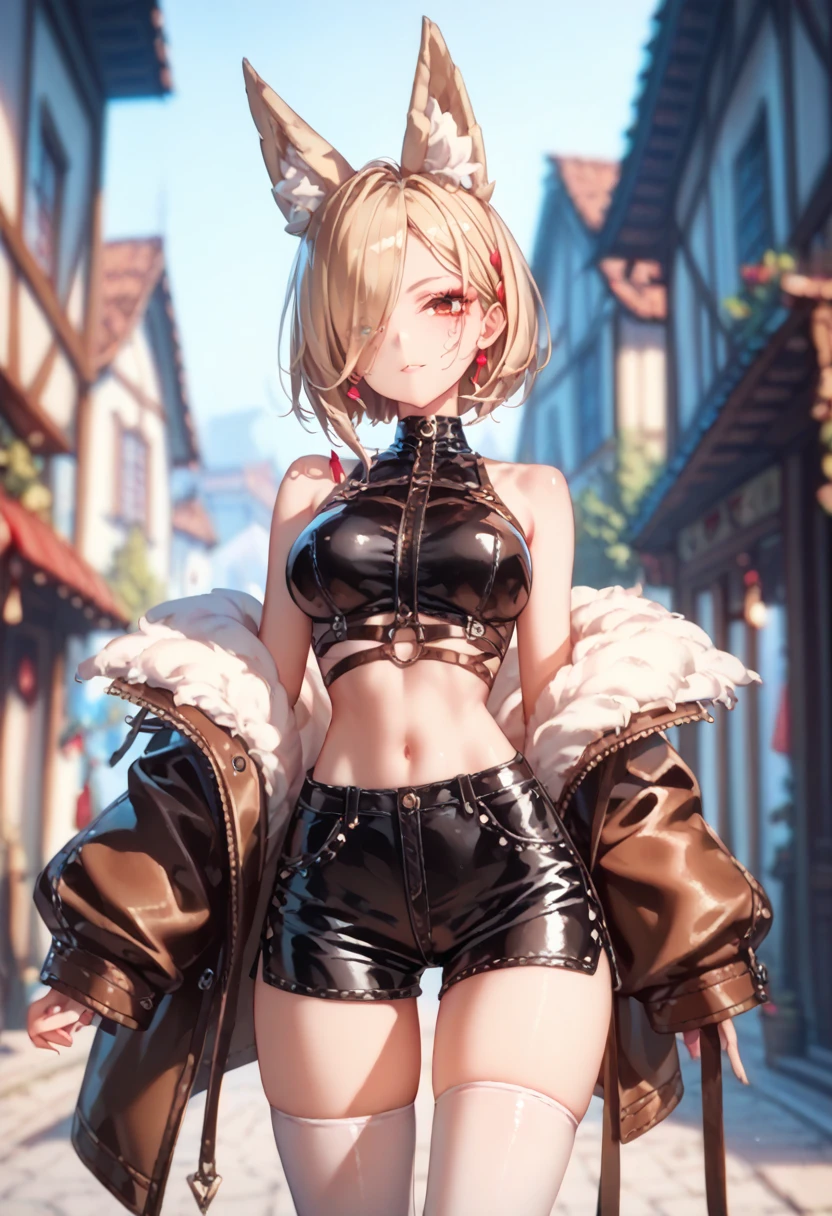  dark leather , hair covers the eye, rpg,   short brown leather shorts,     smooth skin ,  fox girl,    thin waist, makeup,   pretty face, pomade, navel,   bare shoulders are visible,  ,  white stockings, Village