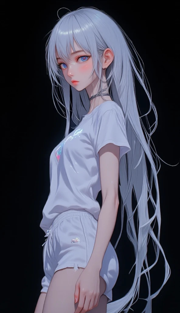 
> A full-body portrait of a young Korean woman with an otherworldly appearance, standing against a solid black background. Her long, cascading white hair flows gracefully down to her feet, shimmering with a subtle iridescent glow, as if illuminated by an unseen light source. The hair appears weightless, gently swaying as though caught in a soft, invisible breeze. Her facial features are delicate and refined, with a pale, flawless complexion that contrasts strikingly with her glowing lilac eyes, which radiate a soft, incandescent light, drawing the viewer into their mysterious depths.  

> She has a slender and athletic build, with medium-sized, slightly pointed breasts that add a natural curve to her figure. Her long, toned legs are graceful and slim, giving her a statuesque appearance. She is dressed in a slightly provocative yet sporty school gym uniform: a snug white t-shirt with short sleeves that clings lightly to her torso, damp with sweat, revealing hints of exertion. The matching shorts are short and form-fitting, emphasizing her curves and athletic form. Her white sneakers are sleek and sporty, paired with white ankle socks, completing the gym attire.  

> Her skin glistens with a light sheen of sweat, particularly noticeable on her forehead, neck, and arms, capturing the realism of physical effort. Her expression reflects exhaustion, with slightly flushed cheeks and strands of hair sticking to her skin due to sweat. Subtle details such as beads of sweat rolling down her temples and her slightly open mouth as she catches her breath enhance the sense of realism.  

> The background is pure black.

Estilo anime 32k, HDR,  UHD. 