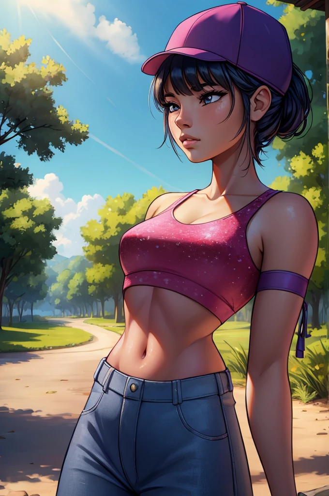 young teenage girl, T pose, wearing cap, hot pants, crop top, beautiful detailed eyes, beautiful detailed lips, extremely detailed face, long eyelashes, realistic, photorealistic, cinematic lighting, natural lighting, highly detailed, 8k, hyper detailed, masterpiece, ultra-detailed, vibrant colors, soft pastel colors, warm lighting, natural setting, outdoor environment, summer, serene, peaceful