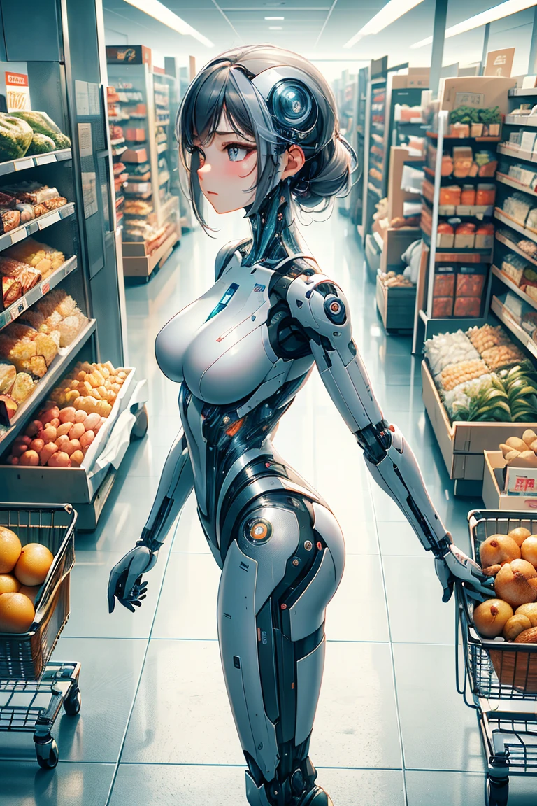 n a dystopian supermarket illuminated by sterile fluorescent lights, a shopping cart is placed centrally between two towering rows of hyperrealistic female androids. The androids are displayed in transparent packaging and on metallic racks, their lifelike features enhanced by subtle cybernetic elements like glowing connectors and soft metallic accents. Inside the cart, viewed from a 3/4 angle and slightly from above, lies a fully nude female android. Her arms drape over the edges of the cart, her legs bent and spilling naturally over the metallic frame, evoking a surreal mix of humanity and artificiality. Her skin appears flawless, with styled hair framing her serene yet lifeless expression. The scene blends hyperrealism and unsettling commercialization, capturing the commodification of life-like creations in an everyday shopping setting