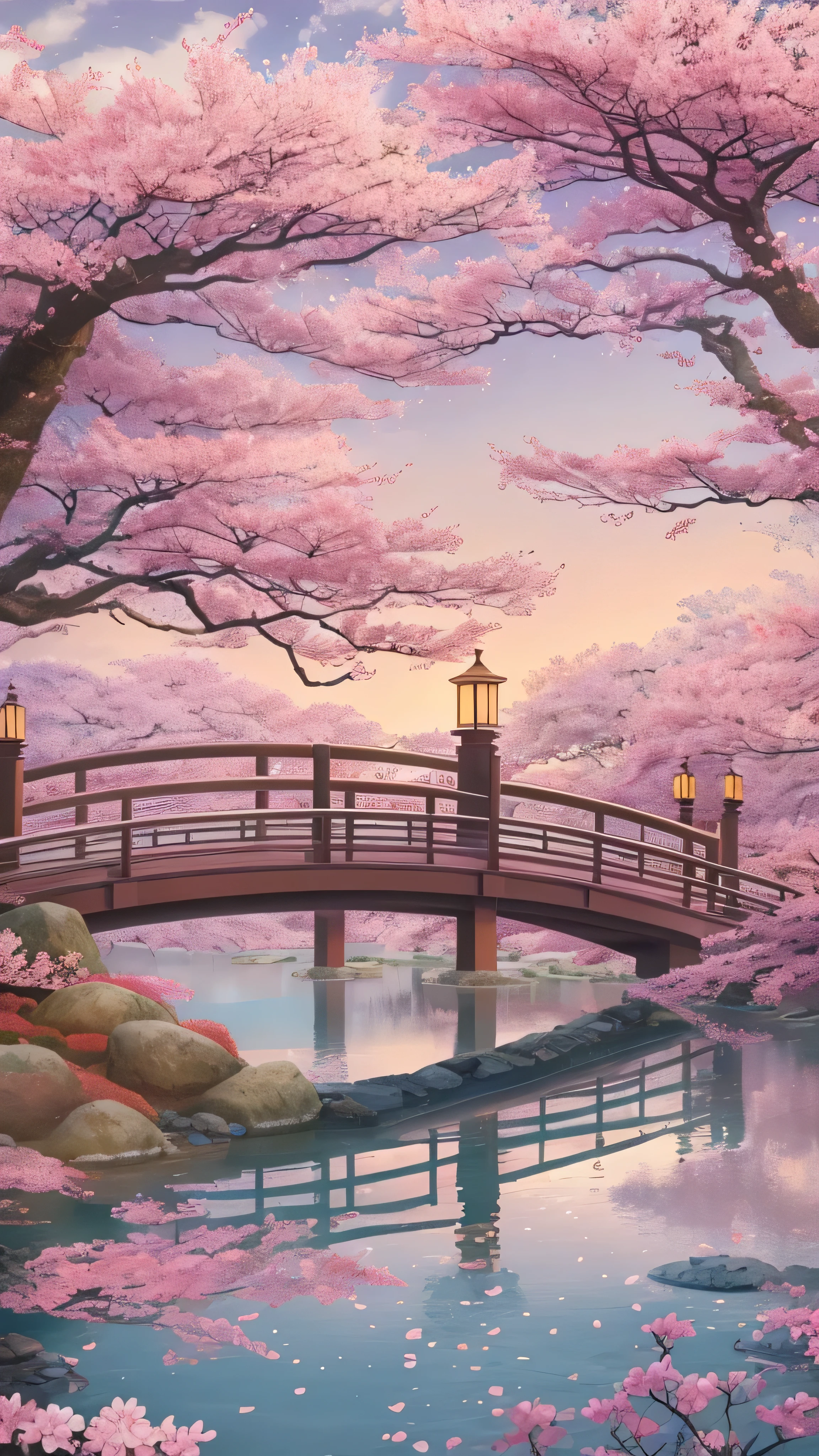 ( digital paint),( top quality ), Quiet Japanese garden,   Cherry Blossoms in Full Bloom , Carp Pond, Pedestrian bridge, Pagoda, Ukiyo-e style, Hokusai inspiration, Devian Art Popular , 8K ultra-realistic ,  Pastel Color Schemes,  soft lighting on the body, golden hour,  quiet vibe , Landscape orientation