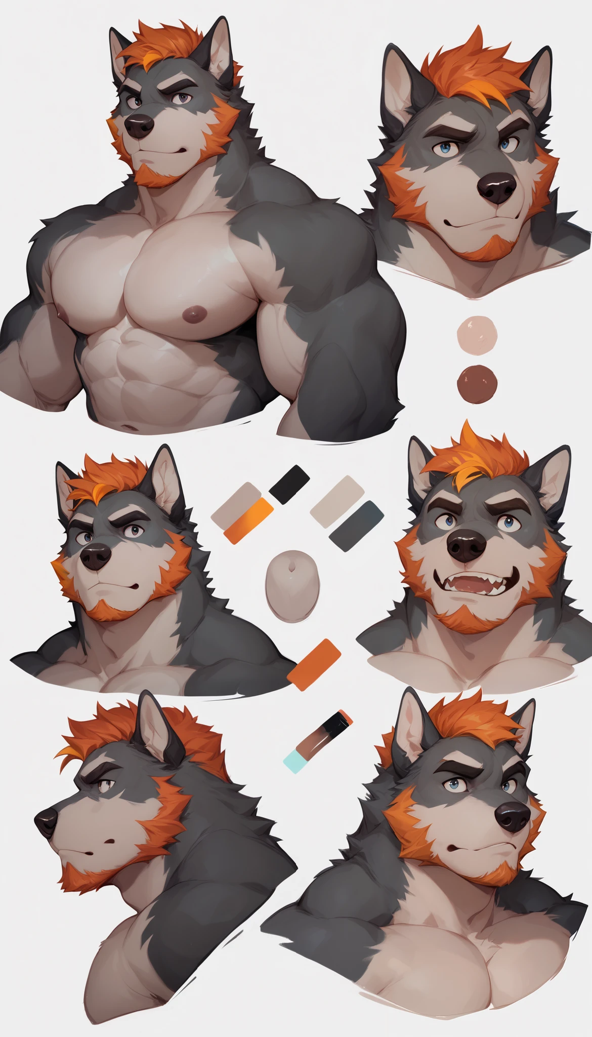 Wolf archer. Portrait. Head and pectorals focus. Masculine, buff, broad shoulders,  gray fur, orange highlights, beard, nude, dog sheath, character sheet,