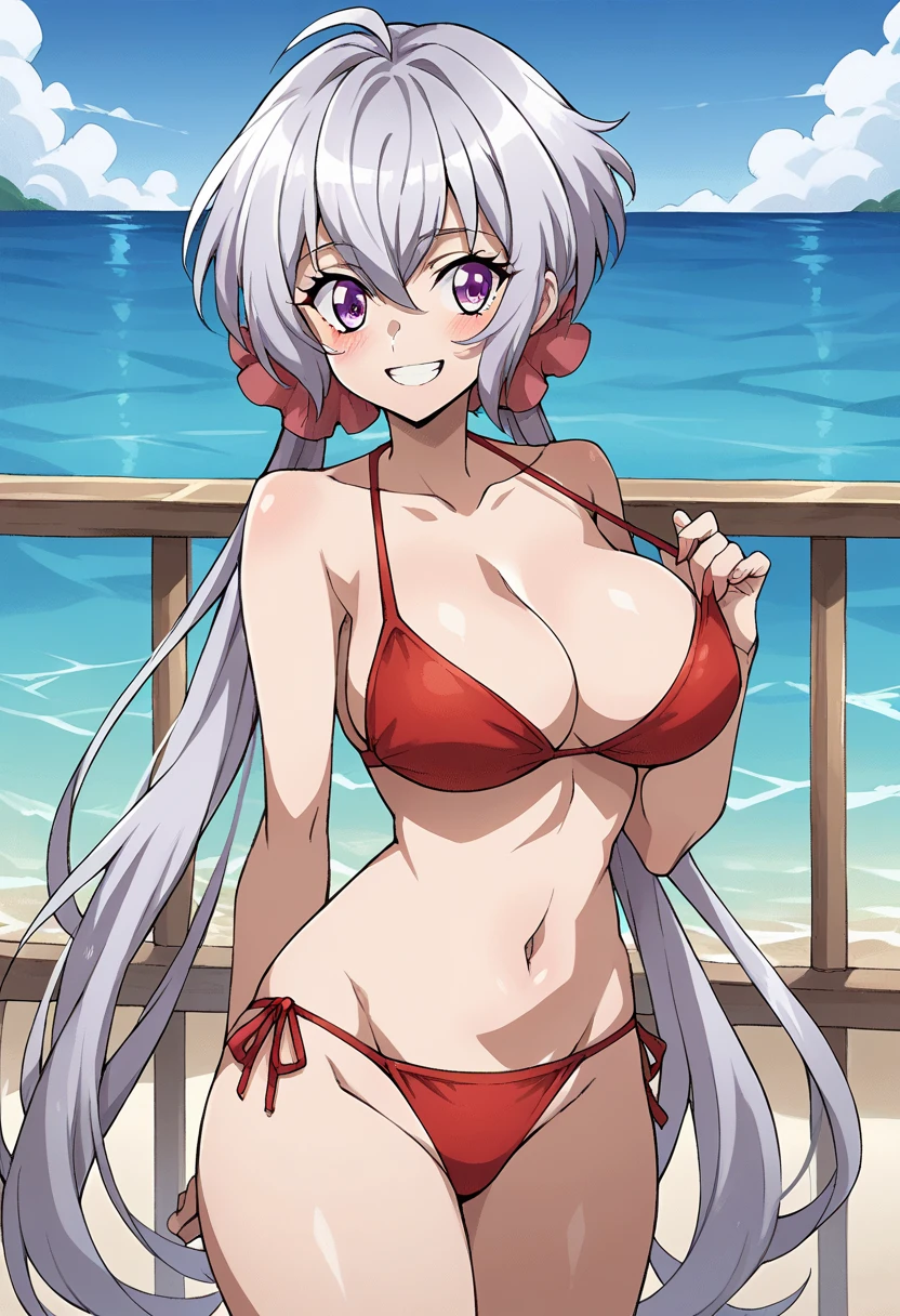  animated screen capture, score_9, score_8_ up, score_7_ up, score_6_ up, score_5_ up, score_4_ up, masterpiece, Big Breasted ,  thighs are thick,  thin waist,Chris_Yukine,  long hair, Gray Hair,  twin tails,  purple eyes,  red micro bikini,blush,smile, is standing,sea, lean forward, exposes nipples