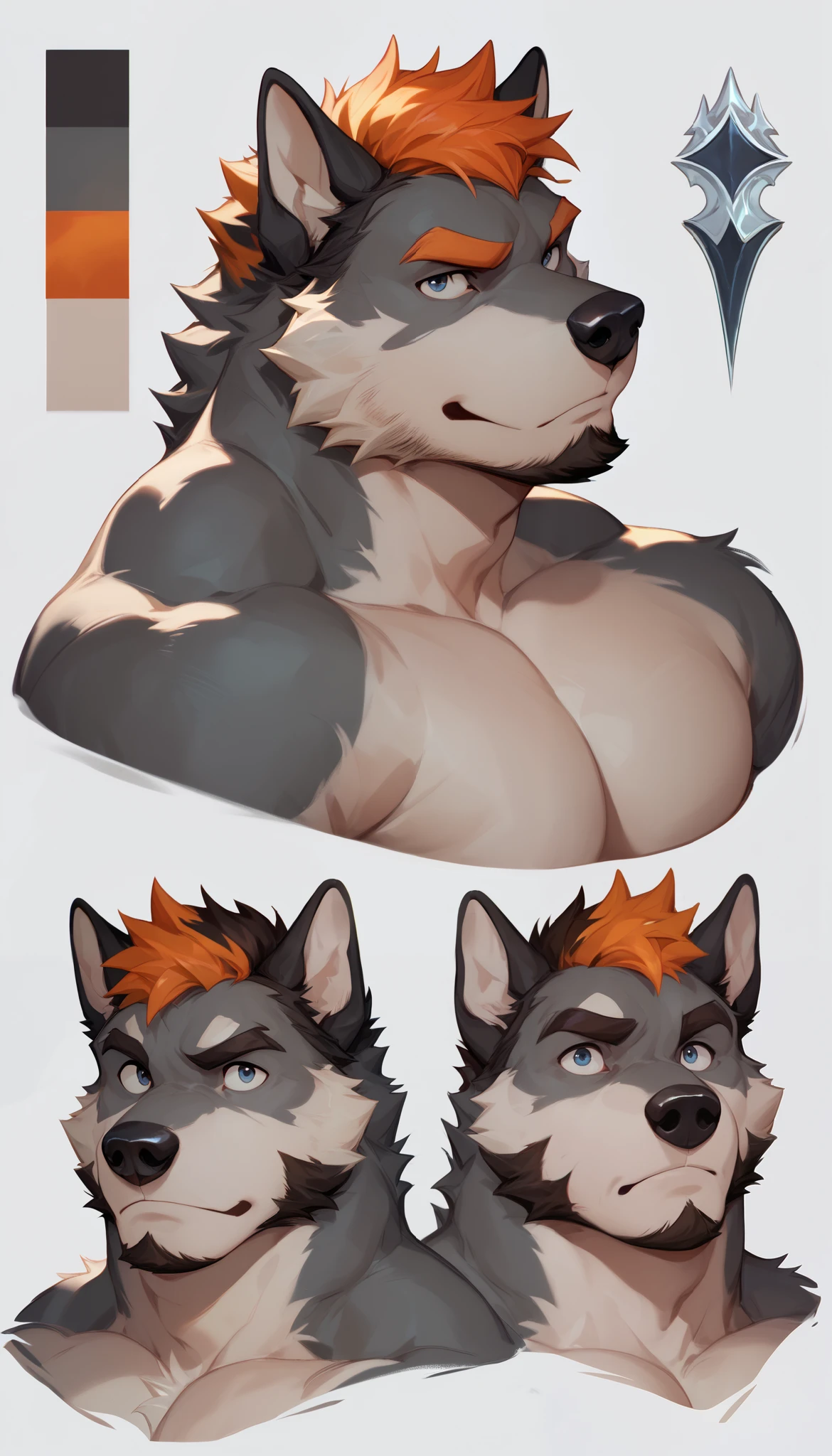 Wolf archer. Portrait. Head and pectorals focus. Masculine, buff, broad shoulders, gray fur, orange highlights, beard, nude, dog sheath, character sheet,