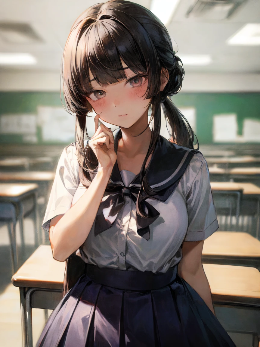 (masterpiece, highest quality:1.2)、(1 girl)、(high school uniform)、(School classroom)、(eyes half closed)、(lots of drool:1.3)、The body shakes violently、[:(detailed face:1.2):0.2] ,  ((Black ,black hair,blunt bangs,chignon,)) ,    arched back