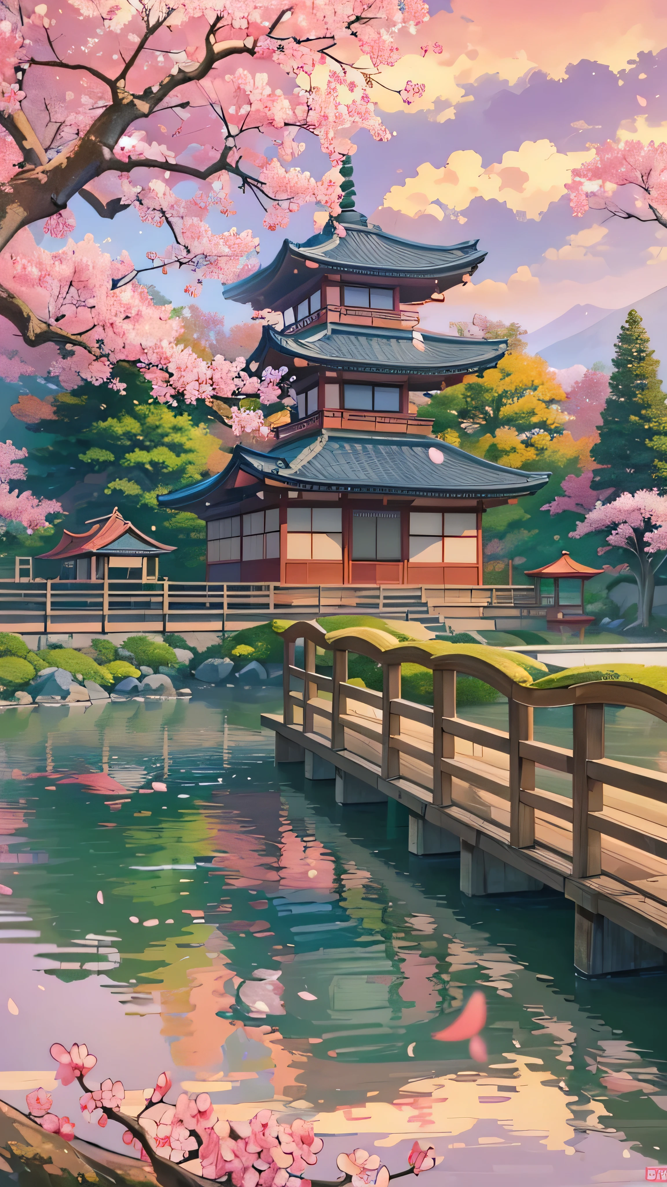 ( digital paint),( top quality ), Quiet Japanese garden,   Cherry Blossoms in Full Bloom , Carp Pond, Pedestrian bridge, Pagoda, Ukiyo-e style, Hokusai inspiration, Devian Art Popular , 8K ultra-realistic ,  Pastel Color Schemes,  soft lighting on the body, golden hour,  quiet vibe , Landscape orientation