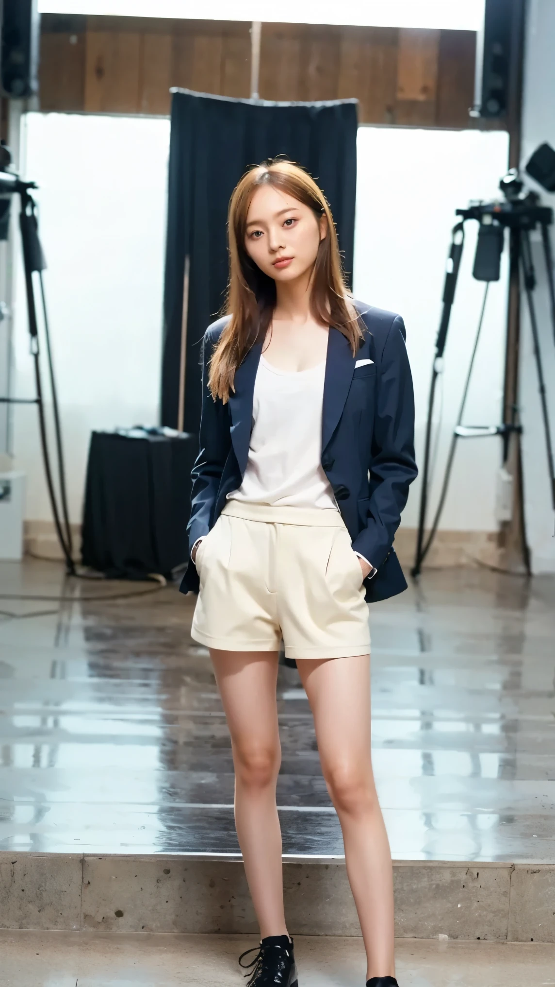 model wearing a modern black suit , Short blonde, A confident girl like a , is standing with her hands in her {x} pockets, Looking directly into the camera , front view, full body shot , center composition, Studio Lighting , Super sharp, Professional quality