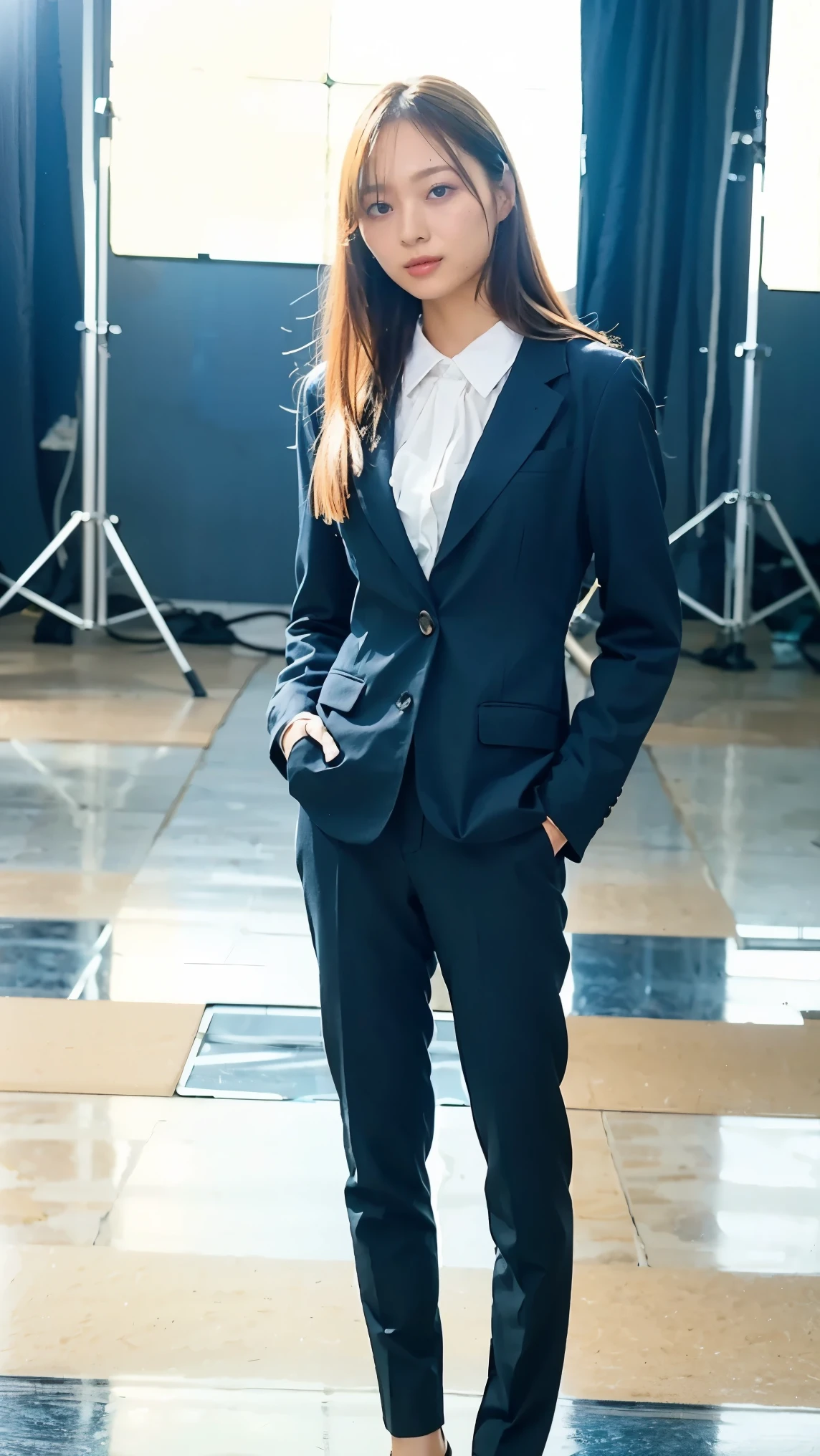 model wearing a modern black suit , Short blonde, A confident girl like a , is standing with her hands in her {x} pockets, Looking directly into the camera , front view, full body shot , center composition, Studio Lighting , Super sharp, Professional quality